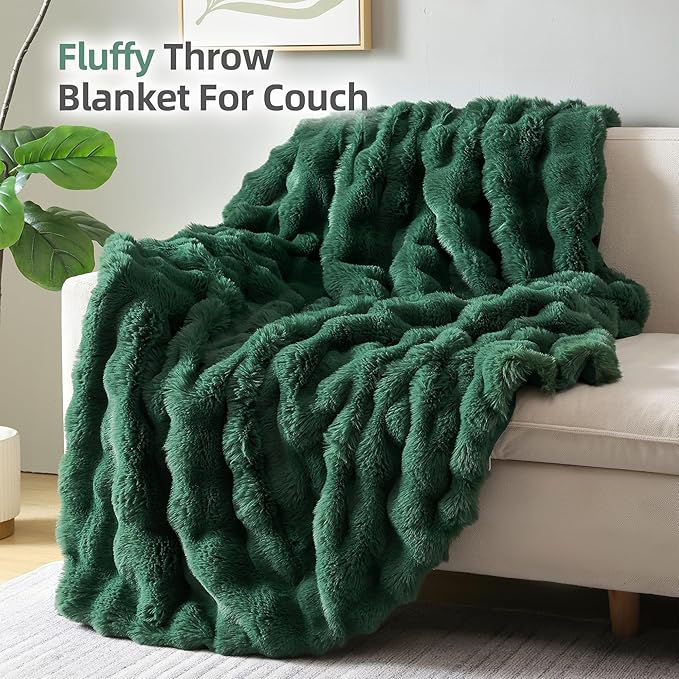 Smoofy Faux Fur Throw Blanket for Couch – Dark Green Fluffy Cozy Rabbit Fleece, Plush Soft Bubble Blanket for Sofa & Bed, for Mom, Warm Fuzzy Home Room Decor Throw 50" x 60"