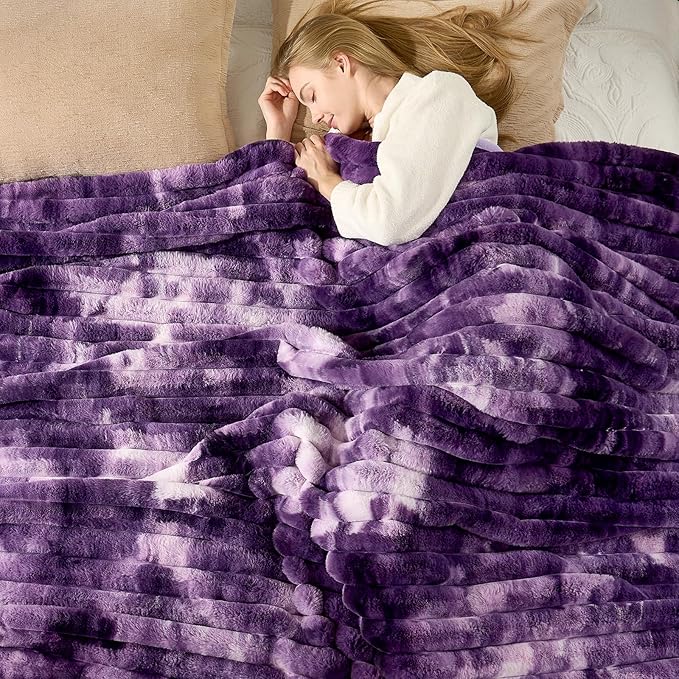 Cozy Bliss Faux Fur Throw Blanket for Couch, Cozy Warm Plush Striped Blanket for Sofa Bedroom Living Room, 60 * 80 Inches Tie-dye Purple
