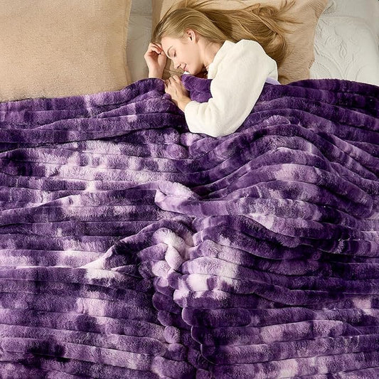 Cozy Bliss Faux Fur Throw Blanket for Couch, Cozy Warm Plush Striped Blanket for Sofa Bedroom Living Room, 60 * 80 Inches Tie-dye Purple