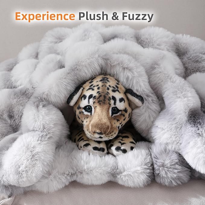 Smoofy Faux Fur Throw Blanket for Couch Rabbit Fleece - Tie-dye Grey Fluffy Blanket for Sofa Bedroom Living Room, Cozy Soft Plush Luxury Thick Winter Fuzzy Comfy Bubble Blanket - 60" x 80"