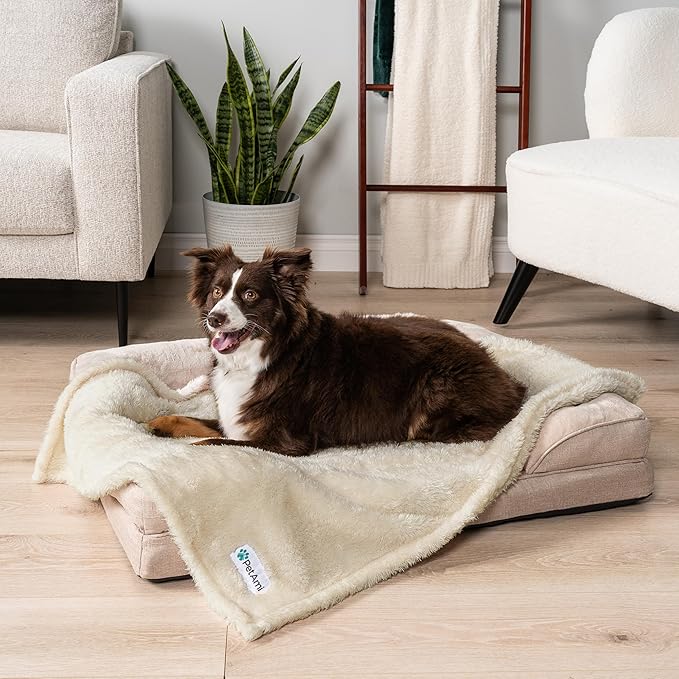 PetAmi Fluffy Waterproof Dog Blanket for Small Medium Dogs, Soft Warm Pet Sherpa Throw Pee Proof Couch Cover, Reversible Cat Puppy Bed Blanket Sofa Protector, Plush Washable Pad (Beige Cream, 29x40)