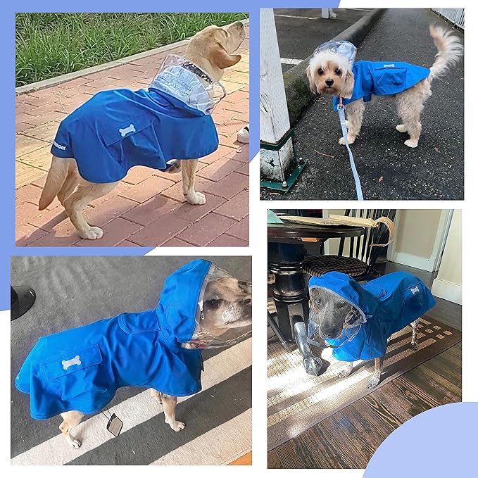 Waterproof Dog Raincoat, Adjustable Reflective Lightweight Pet Rain Clothes with Poncho Hood (Medium, Blue)