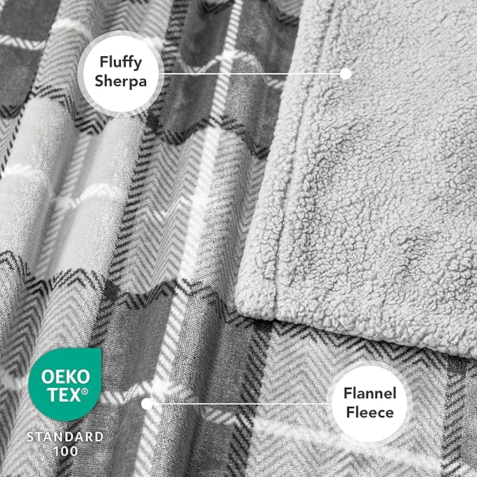 PetAmi Waterproof Dog Blanket for Medium Large XL Dog Puppy Cat Throw for Couch Cover Leakproof Protection, Sherpa Fleece, Reversible Soft Washable 80x60 Plaid Light Gray