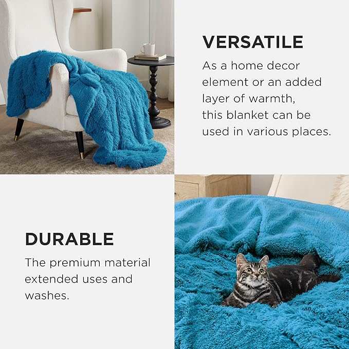 Bedsure GentleSoft Fluffy Bright Blue King Size Blanket for Bed, Thick Soft Sherpa Faux Fur Fleece Bedding Fuzzy Plush Winter Warm Heavy Large King Blanket, Cozy Blue Gifts for Men Women, 108x90