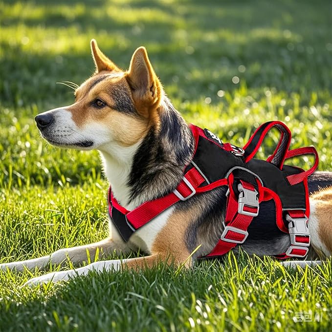 Escape Proof Dog Harness, No Pull Reflective Adjustable Vest with Easy Control Lift Handle, No Choke Soft Padded Breathable Full Body Pet Harness for Walking Hiking and Training (Red, Medium)