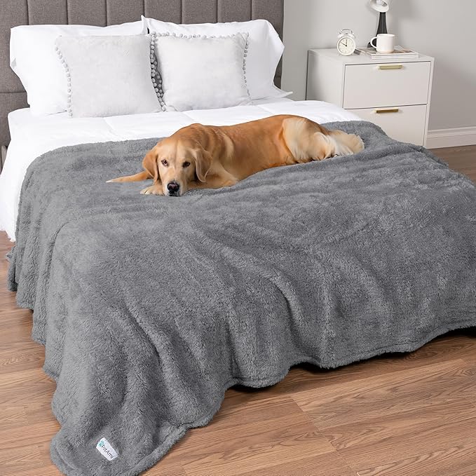 PetAmi Fluffy Waterproof Dog Blanket for Bed Large Dogs, Soft Warm Pet Sherpa Throw Pee Proof Couch Cover, Reversible Cat Blanket Sofa Crate Kennel Protector, Washable Mat (Light Grey, 60x80)