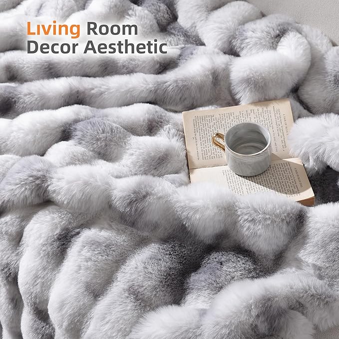 Smoofy Faux Fur Throw Blanket for Couch Rabbit Fleece - Tie-dye Grey Fluffy Blanket for Sofa Bedroom Living Room, Cozy Soft Plush Luxury Thick Winter Fuzzy Comfy Bubble Blanket - 60" x 80"