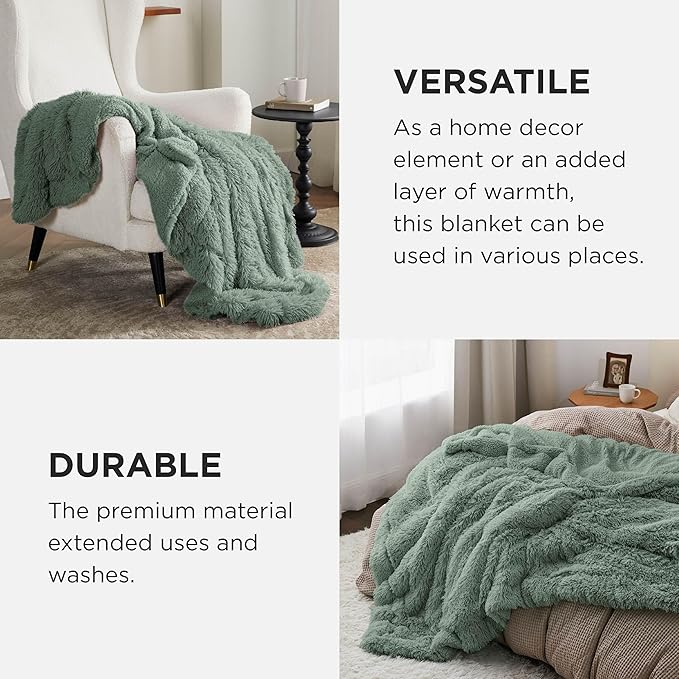 Bedsure GentleSoft Fuzzy Sherpa Faux Fur Twin Blanket Sage Green Cozy Gifts for Women Men, Soft Fleece Plush Warm Minky Thick Blanket Twin Size for Bed, Dorm Essentials Sage Room Decor Gifts, 60x80