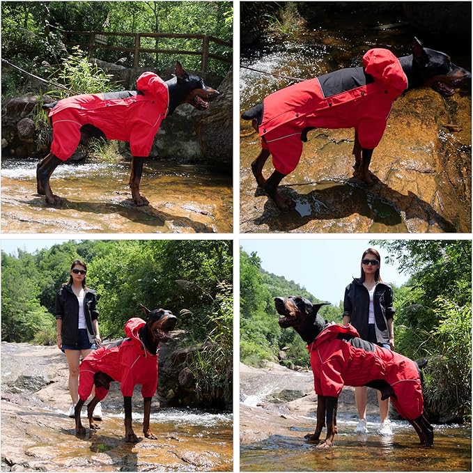 LOVELONGLONG Waterproof Dog Raincoat with Removable Hood – Outdoor Full Body Dog Jacket, Windproof Snowproof Shell Suit – All Season Pet Rain Gear Red L