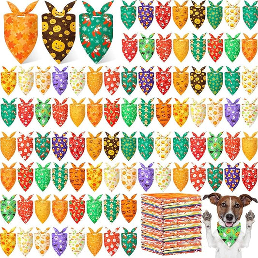 Preboun 200 Pcs Halloween Thanksgiving Christmas Dog Bandanas Bulk Holiday Bandanas for Dogs Triangle Kerchief Bib Scarf Set for Pet Fall Costume Photo Props Accessories Pet Shops Groomers, 25 Styles