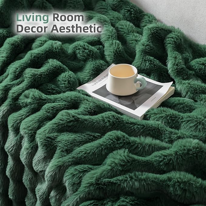Smoofy Faux Fur Throw Blanket for Couch – Dark Green Fluffy Cozy Rabbit Fleece, Plush Soft Bubble Blanket for Sofa & Bed, for Mom, Warm Fuzzy Home Room Decor Throw 50" x 60"