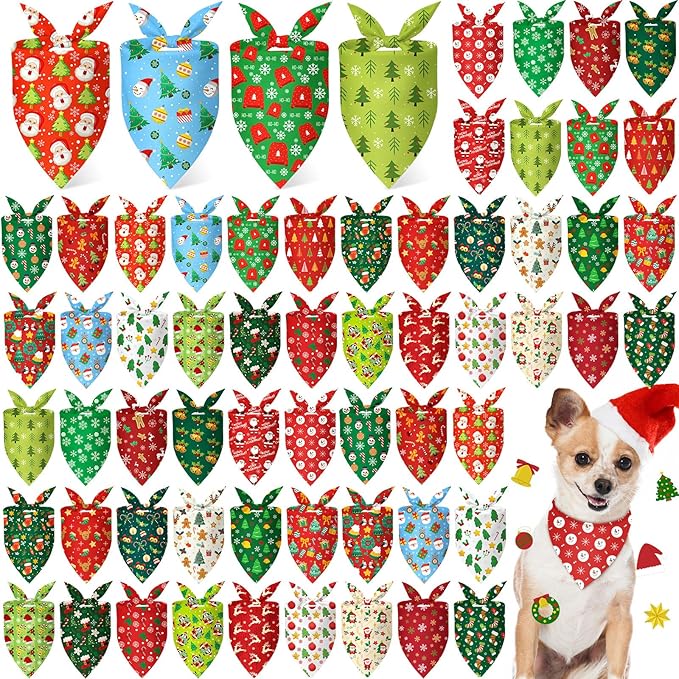 Chunful 60 Pcs Christmas Bandanas for Dogs Xmas Bandanas Bulk with Santa Snowflake Candy Cane Patterns Soft Bibs Adjustable Triangle Doggie Scarf for Small Medium Large Pet (25.6 x 17.7 x 17.7 Inch)