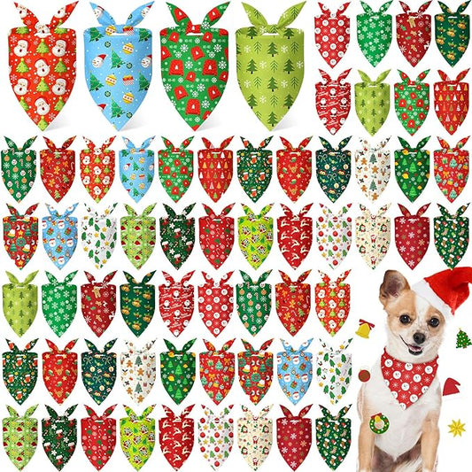 Chunful 60 Pcs Christmas Bandanas for Dogs Xmas Bandanas Bulk with Santa Snowflake Candy Cane Patterns Soft Bibs Adjustable Triangle Doggie Scarf for Small Medium Large Pet (25.6 x 17.7 x 17.7 Inch)