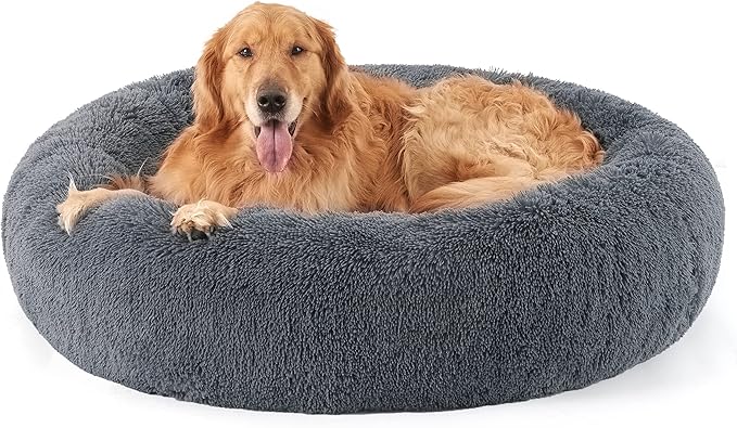 Bedsure Calming Dog Bed for Extra Large Dogs - Donut Washable Large Pet Bed, 45 inches Anti-Slip Round Fluffy Plush Faux Fur Dog Bed, Fits up to 120 lbs Pets, Dark Grey
