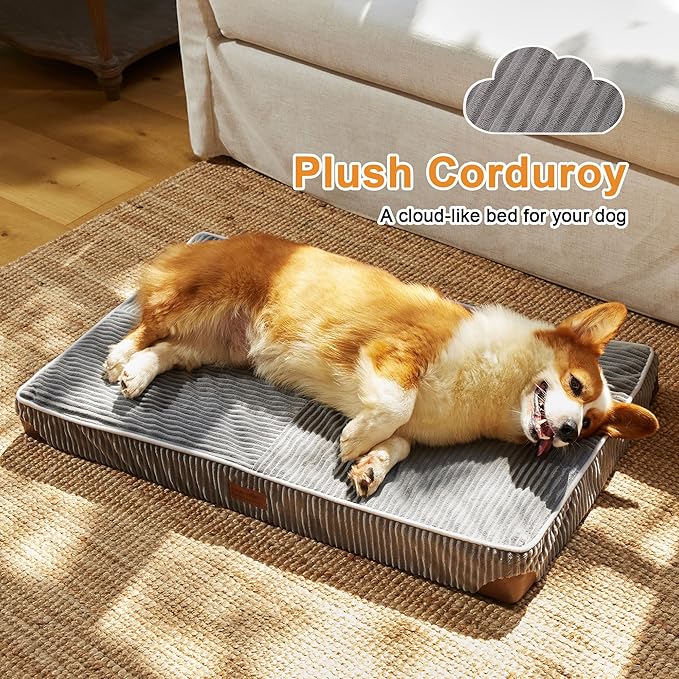 FUKUMARU Dog Bed, Plush Corduroy Orthopedic Dog Beds with Washable Cover, Large Waterproof Dogs Bed for Crate, Egg Crate Foam Support Pet Mat, Cozy Pet Bed Mat with Anti-Slip Bottom, Grey