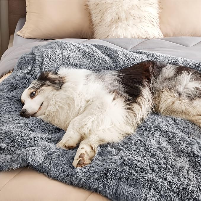 Bedsure Waterproof Dog Blankets for Large Dogs - Cat Blanket for Couch Protector Washable Long Faux Fur,Calming Soft Reversible Throw Furniture Protection for Puppy Pet, 50"x60", Grey