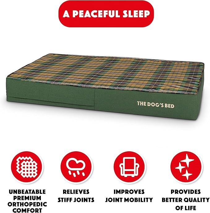 The Dog’s Bed Orthopedic Memory Foam Dog Bed, XL Green Tartan, Pain Relief for Arthritis, Hip & Elbow Dysplasia, Post Surgery, Lameness, Supportive, Calming, Waterproof Washable Cover