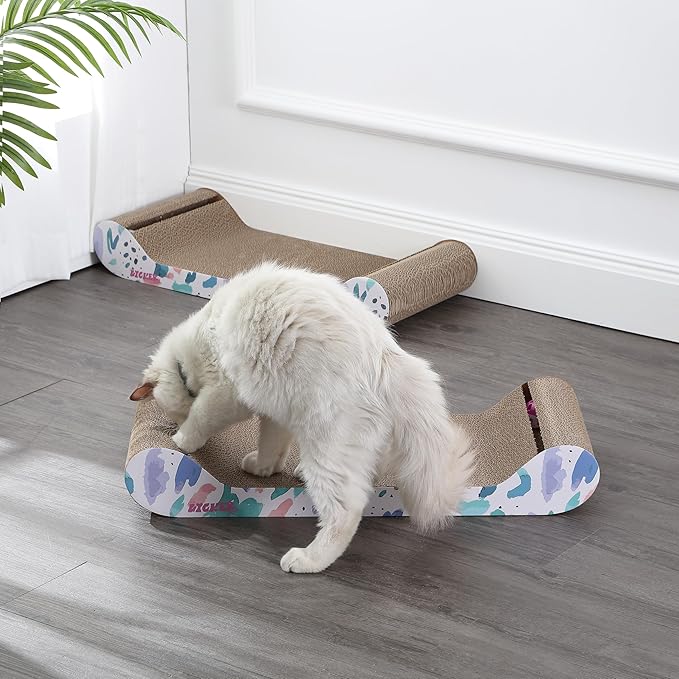 CSR1003A-SET2 Rini 23.75" Modern Cardboard Lounge Bed Cat Scratcher with Built-in Bell Toys and Catnip, White/Multi (Set of 2)