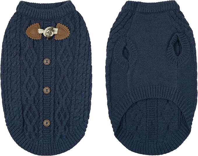 WOYYHO Dog Sweater for Small Dogs, Cable Knit Pullover with Cow Horn Button, Warm Round Neck Winter Knitted Clothes for Puppy Dachshund French Bulldog, Navy Blue L