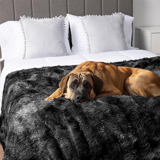 PetAmi Waterproof Dog Blanket for Large Dog, Queen Size Calming Pet Blanket Couch Cover Protector, Sherpa Faux Fur Cat Throw for Sofa Furniture Bed, Soft Fluffy XL, 90x90 Tie-Dye Black