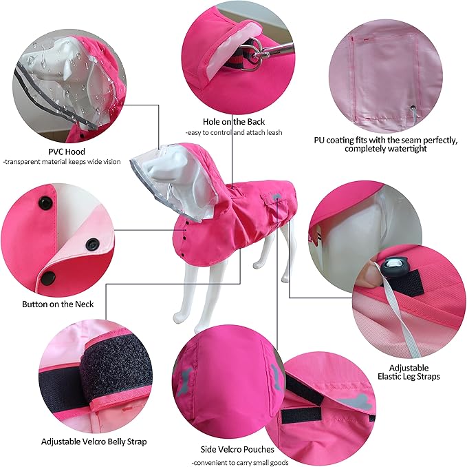 Waterproof Dog Raincoat, Adjustable Reflective Lightweight Pet Rain Clothes with Poncho Hood (Small, Dark Pink)