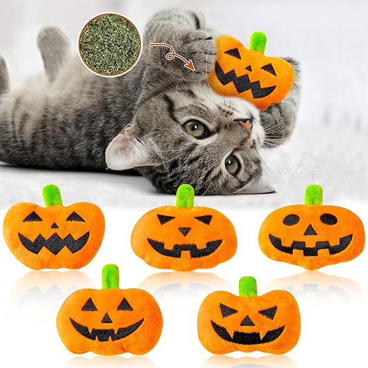 MALLMALL6 Catnip Toys for Cat - 5Pcs Halloween Pumpkin Jack O Lantern Catmint Interactive Kitten Toy for Indoor Kitty, Soft Orange Kitten Teething Chew Supplies Set, Pet Gifts for Cat Lover