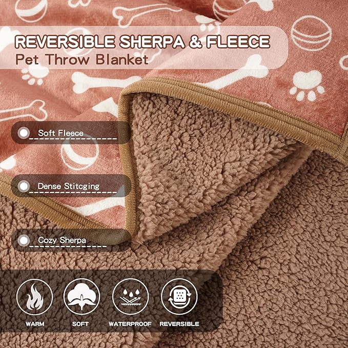 Waterproof Dog Blankets Pet Blanket 50"x60", Soft Fluffy Sofa Car Bed Protector, Reversible Sherpa Fleece Dog Blanket for Small Medium Large Dogs Cats (Light Brown-Baseball)