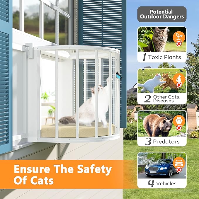 Cat Window Box, Semicircular Adjustable Window Catio, Wooden Cat Window Perch Fits Vertical Window Frames 26" to 42" Wide, Sunbathing, Napping & Overlooking, White