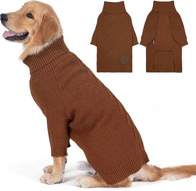 cyeollo 3XL Dog Sweaters for Large Dogs Boy, Stretchable & Cozy Warm Knit Doggy Sweater with Sleeves Turtleneck Fall Winter Cold Weather Big Dog Clothes Like Doberman Labrador, Brown XXXL