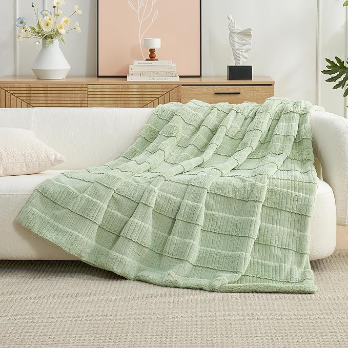 Amélie Home Luxury Striped Faux Fur Throw Blanket for Bed Queen Size, Soft Cozy Fuzzy Fluffy Plush Gift Blankets for Women, 88"x90", Sage Green