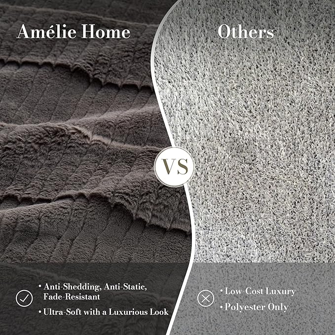 Amélie Home Luxury Striped Faux Fur Throw Blanket for Bed Queen Size, Soft Cozy Fuzzy Fluffy Plush Gift Blankets for Women, 88"x90", Charcoal Gray