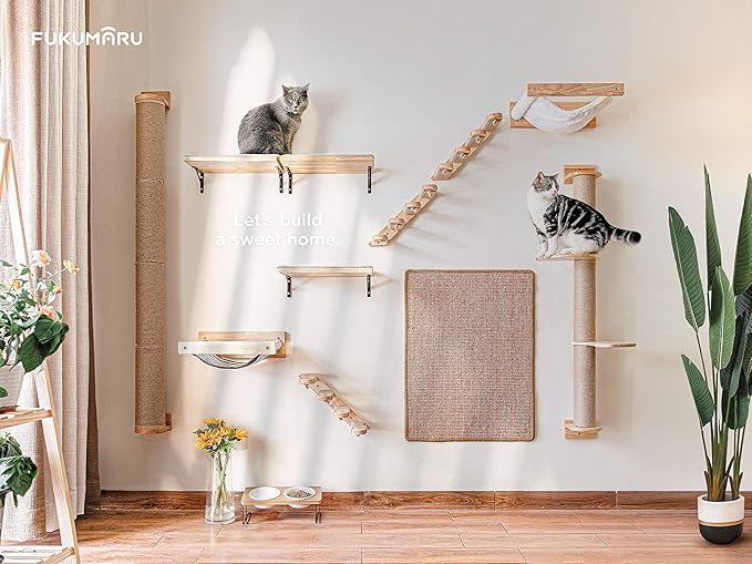 FUKUMARU Cat Climbing Shelf Wall Mounted, Four Step Cat Stairway with Jute Scratching for Kitten Perch Platform Walls Furniture - Left to Right
