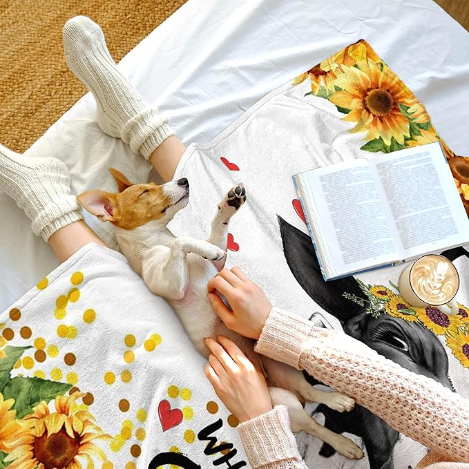 Cow Balnket Sunflower Cow Soft Cozy Flannel Throw Blanket Just a Girl Who Loves Cow Blankets Gifts for Women Kids Adults Teen 60"X 50"