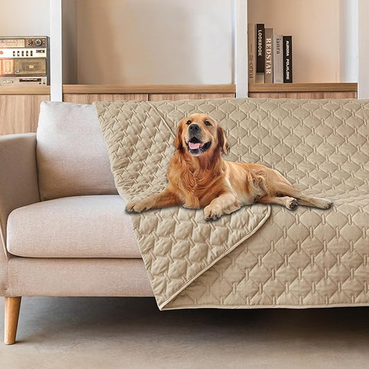 gogobunny 3X Stronger Waterproof Pet Blanket, Scratch Proof Furniture Protector for Dogs Cats, Reversible Cover 82x102 Inch, Dark Beige