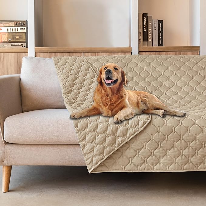 gogobunny 3X Stronger Waterproof Pet Blanket, Scratch Proof Furniture Protector for Dogs Cats, Reversible Cover 68x82 Inch, Dark Beige
