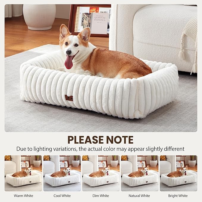 Orthopedic Dog Bed for Small Medium Dogs - Washable Rectangle Corduroy Fleece Pet Bed with Removable Cover and Nonskid Bottom, Calming Puppy Bed Soft Pet Sofa, Cream(35x25x9inchs)