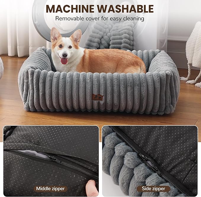 Orthopedic Dog Bed for Small Medium Dogs - Washable Rectangle Corduroy Fleece Pet Bed with Removable Cover and Nonskid Bottom, Calming Puppy Bed Soft Pet Sofa, Grey(35x25x9inchs)