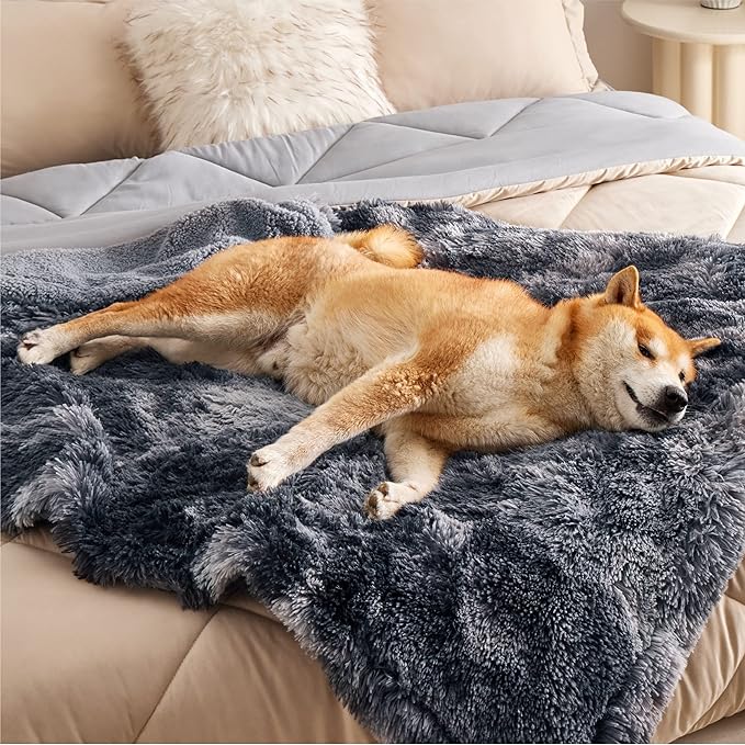 Bedsure Waterproof Dog Blankets for Large Dogs - Cat Blanket for Couch Protector Washable Long Faux Fur,Calming Soft Reversible Throw Furniture Protection for Puppy Pet, 40"x50", Tie-dye Grey
