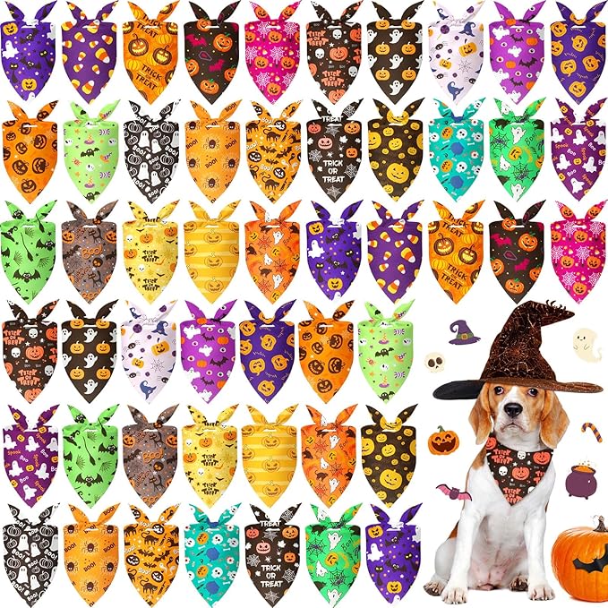 Preboun 50 Pcs Halloween Dog Bandanas Bulk Pumpkin Ghost Bandanas for Dogs Colorful Triangle Kerchief Bibs Scarf Set for Pet Costume Photo Props Accessories Pet Shops, 25 Styles (25.6 x 17.7 x 17.7)