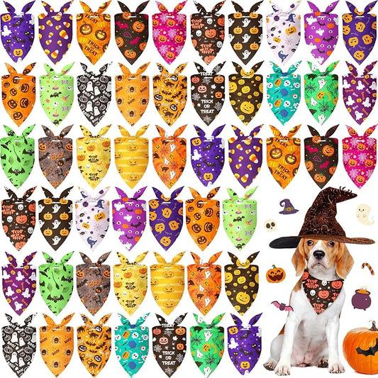 Preboun 50 Pcs Halloween Dog Bandanas Bulk Pumpkin Ghost Bandanas for Dogs Colorful Triangle Kerchief Bibs Scarf Set for Pet Costume Photo Props Accessories Pet Shops, 25 Styles (25.6 x 17.7 x 17.7)