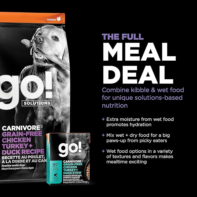 Go! Solutions Carnivore, Grain-Free, Protein Rich Dry Dog Food, Chicken, Turkey and Duck Senior Recipe, 12 lb Bag