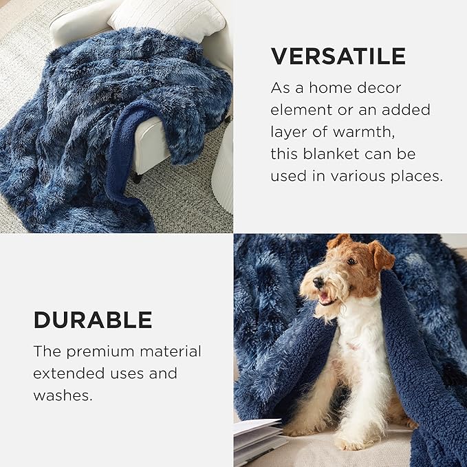 Bedsure GentleSoft Fluffy Tie Dye Navy Blue Blankets Queen Size for Bed, Thick Sherpa Faux Fur Fleece Fuzzy Plush Winter Warm Soft Queen Blankets, Bedroom Decor Blue Cozy Gifts for Women Men, 90x90