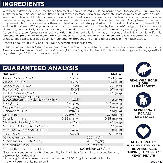 NutriSource Woodland Select Grain Free Dry Dog Food, Boar, Turkey and Menhaden Fish Meal, 26LB