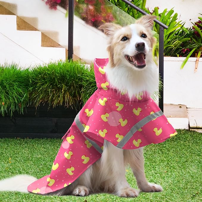 NACOCO Large Dog Raincoat Adjustable - Pet Rubber Ducks Yellow Water Proof Clothes Lightweight Rain Jacket Poncho Hoodies with Strip Reflective Pink (Pink XXL, Yellow Duck)