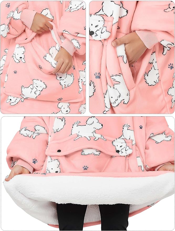 KFUBUO Wearable Blanket Hoodie for Kids Sherpa Dog Patterns Oversized Sweatshirt Blanket with Pocket 6-10 Year Old Girl Boy Birthday Gifts
