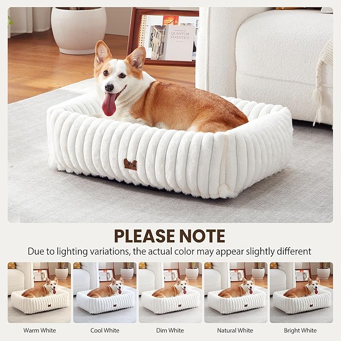 Orthopedic Dog Bed for Small Medium Dogs - Washable Rectangle Corduroy Fleece Pet Bed with Removable Cover and Nonskid Bottom, Calming Puppy Bed Soft Pet Sofa, Cream(30x24x8inchs)