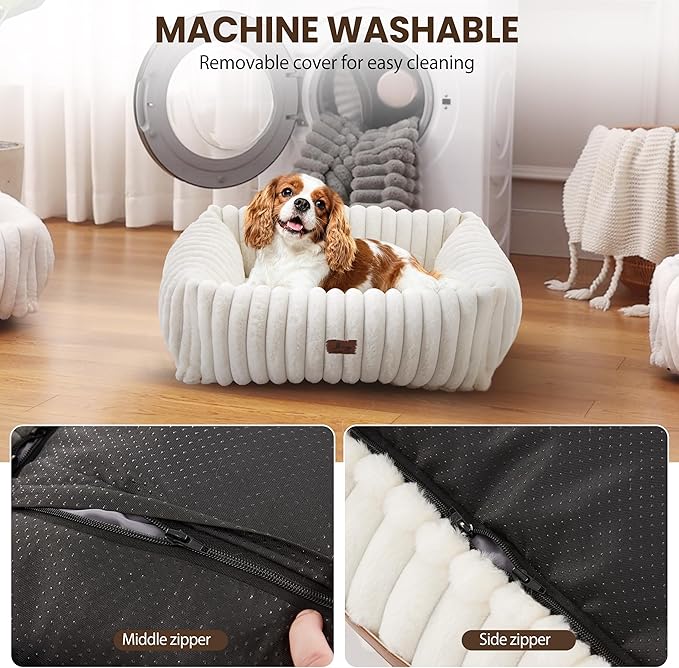 Orthopedic Dog Bed for Small Medium Dogs - Washable Rectangle Corduroy Fleece Pet Bed with Removable Cover and Nonskid Bottom, Calming Puppy Bed Soft Pet Sofa, Cream(25x21x7inchs)