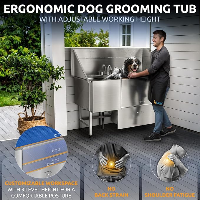 KANIS Professional Dog Washing Station - 304 Stainless Steel Pet Wash Sink & Grooming Bathtub w/Shower, Floor Grates and Storage for Large, Medium & Small Pets (61", 1 Drawer - Left Ramp)