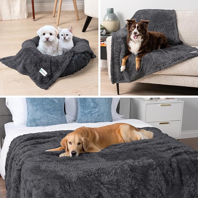 PetAmi Fluffy Waterproof Dog Blanket for Bed Large Dogs, Soft Warm Pet Sherpa Throw Pee Proof Couch Cover, Reversible Cat Blanket Sofa Crate Kennel Protector, Washable Mat Queen (Grey, 90x90)