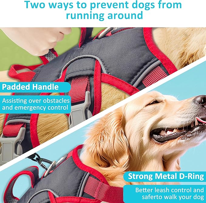 Escape Proof Dog Harness, No Pull Reflective Adjustable Vest with Easy Control Lift Handle, No Choke Soft Padded Breathable Full Body Pet Harness for Walking Hiking and Training (Red, Medium)